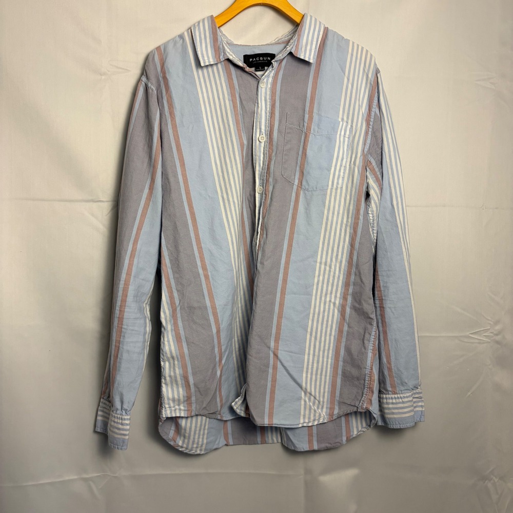 PacSun Mens Large Vertical Stripe Long Sleeve Button Down Cotton Shirt Blue Grey